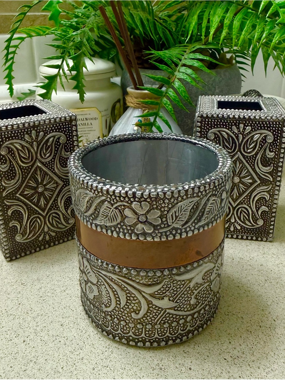 Vintage 3 Pasari Jaipuri Handcrafted Copper Silver Metal Oxidized Pen Holders